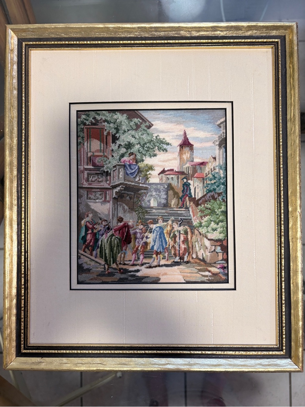 Vintage Wiehler Gobelin Renaissance Petit Point Cityscape Framed Art